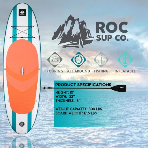  RoC Inflatable Stand up Paddle Board W Free Premium SUP Accessories & Carrying Bag, Waterproof Bag, Leash, Paddle and Hand Pump !!! 10 5 Long 6 Thick for Extra Stability