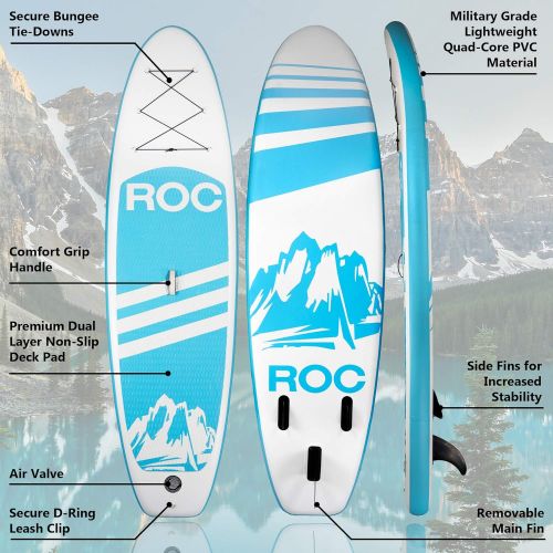  RoC Inflatable Stand up Paddle Board W Free Premium SUP Accessories & Carrying Bag, Waterproof Bag, Leash, Paddle and Hand Pump !!! 10 5 Long 6 Thick for Extra Stability