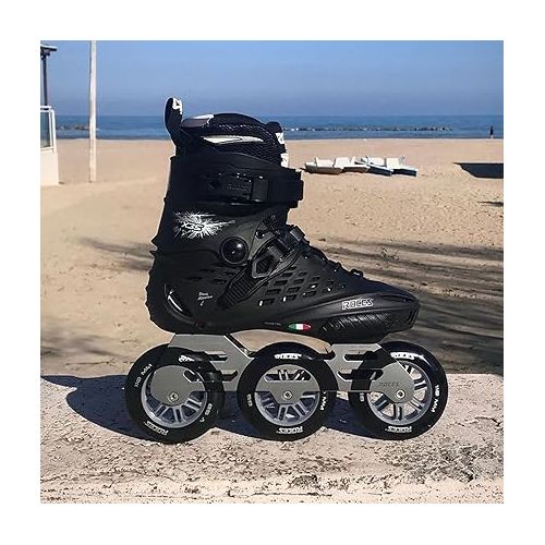  ROCES Men's X35 3X110 TIF Durable Adjustable Maneuverable Outdoor Urban 3 Wheel Freestyle Hard-Boot Inline Racing Skates with Secure Closure System & Invisible Frame,Black/Silver, 9