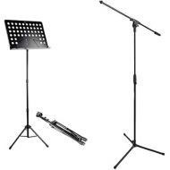 RockJam Adjustable Orchestral Sheet Music Stand. & Amazon Basics Adjustable Boom Height Microphone Stand with Tripod Base, Up to 85.75 Inches - Black