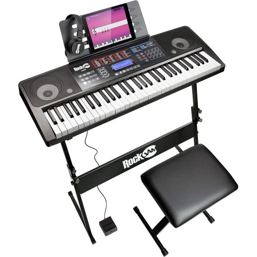  RockJam RJ761 61 Key Electronic Interactive Teaching Piano Keyboard with Stand, Stool, Sustain Pedal and Headphones (RJ761-SK)