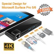 Rocketek Microsoft Surface Pro 5/6 Hub Multiport Adapter, 6-in-1-Dockingstation 4K HDMI, Gigabit Ethernet, SD/Micro SD Kartensteckplatzen und 2 USB 3.0 Anschluessen fuer Surface Comb