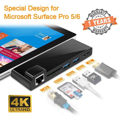  [아마존 핫딜]  [아마존핫딜]Rocketek Microsoft Surface Pro 5/6 Hub Multiport Adapter, 6-in-1-Dockingstation 4K HDMI, Gigabit Ethernet, SD/Micro SD Kartensteckplatzen und 2 USB 3.0 Anschluessen fuer Surface Comb