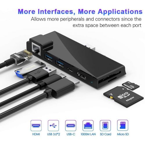  Rocketek 【Upgraded Version】Microsoft Surface Pro 7 Dock hub, 7-in-2 Surface Pro 2019 Adapter with 4K HDMI, USB C PD charging,2 USB 3.0 Port(5Gbps), SD/TF Card Reader, Gigabit Ethernet LAN P