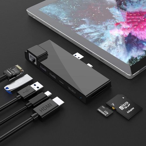  Rocketek 【Upgraded Version】Microsoft Surface Pro 7 Dock hub, 7-in-2 Surface Pro 2019 Adapter with 4K HDMI, USB C PD charging,2 USB 3.0 Port(5Gbps), SD/TF Card Reader, Gigabit Ethernet LAN P