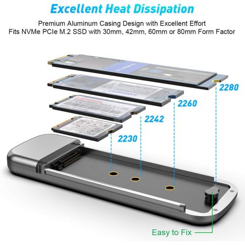  Rocketek M.2 NVMe SSD Enclosure,USB C 3.1 Gen2 10Gbps Aluminum External Hard Disk Enclosure for M/B&M Key NVMe PCIe-based 2230 2242 2260 2280 SSDs,Tool-Free NVMe Hard Drive Reader