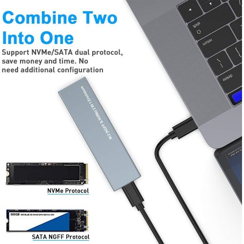  ROCKETEK Aluminum M.2 NVME and SATA NGFF Enclosure Dual Protocol Gen 2 USB 3.1 M.2 SSD External Hard Disk Drive Adapter