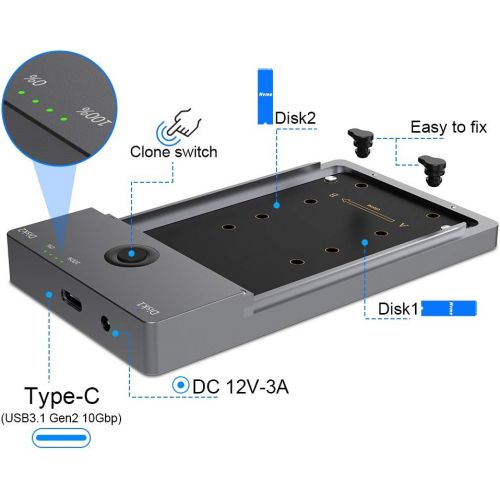  Rocketek USB C 3.1 Gen2 10Gbps to M.2 Duplicator NVME Clone Dual-Bay External Hard Drive Enclosure, Support Hard Driver M.2 SSD M Key 2230 2242 2260 2280 Up to 8TB with Offline Clone M.2 Fu