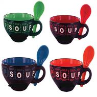 Rockin Gear Bowls with Spoons - Enjoy Soup Ceramic Black Matte Bowl with Color Interior and Spoon - For Soup Cereal Rice Pasta Ice Cream Dessert Bowl (Set of 4)
