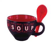 Rockin Gear Bowl and Spoon Comb - Enjoy Soup Ceramic Black Matte Bowl with Color Interior and Spoon - For Soup Cereal Rice Pasta Ice Cream Dessert Bowl (Red)