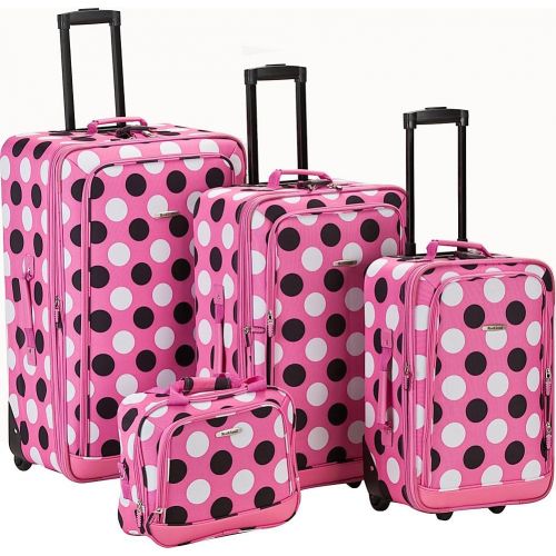  Rockland Escape 4-Piece Softside Upright Luggage Set, Pink Dots, (14/19/24/28)