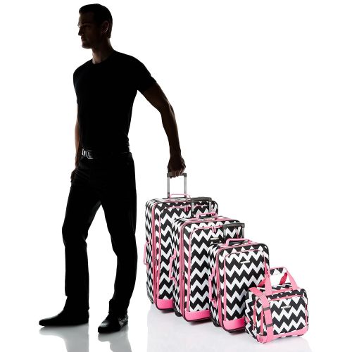  Rockland 4 Piece Pink Chevron Luggage Set