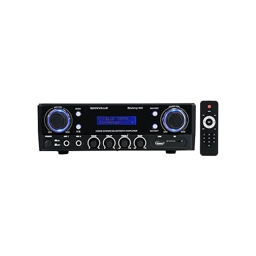  (1) Rockville BLUAMP 100 Home Stereo Bluetooth Amplifier with USB/Mic Input+RCA Out Bundle with (1) Rockville Mini WiFi Music Player Wireless Audio Streaming Multiroom Stereo Receiver (2 Items)