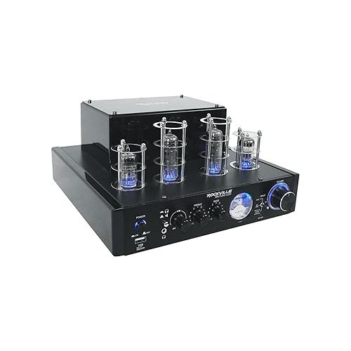  Rockville Bundle: (1) Rockville BluTube LED 70w Bluetooth Tube Amplifier/Home Stereo Receiver in Black Bundle with (1) WiiM Mini Wifi Music Player Wireless Audio Streaming Receiver (2 Item)