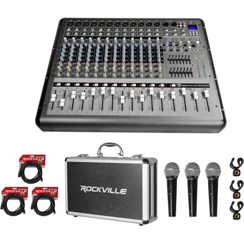  Rockville RPM1470 14 Channel 6000w Powered Mixer, USB/Effects+3 Mics+Case+Cables