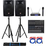 (2) Rockville RPG15 15 2000w Active PA/DJ Speakers+Mixer+Mic+Stands+Cables+Bag