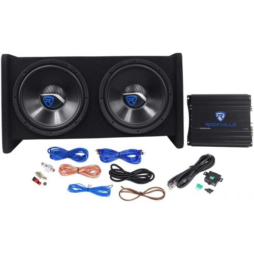  Rockville RV12.2B 1200W Dual 12 Car Subwoofer Enclosure+Mono Amplifier+Amp Kit