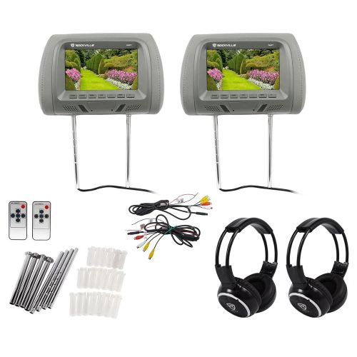  Pair Rockville RHP7-GR 7 Grey TFT-LCD Car Headrest Monitors+2 Wireless Headsets