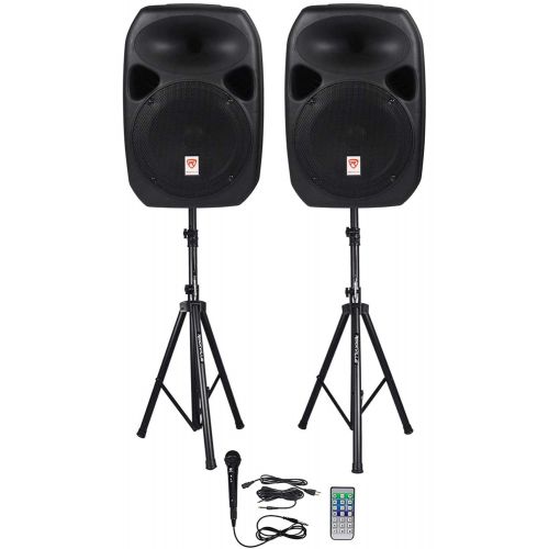  Rockville DJ Package wDual 12 Bluetooth Speakers+Mic+Tripod+Totem Stands+Facade+Lights