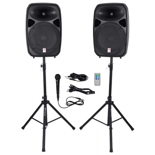 Rockville DJ Package wDual 15 Bluetooth Speakers+Mic+Tripod+Totem Stands+Facade+Lights
