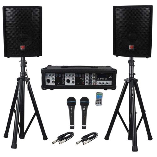  Rockville DJ Package w10 Speakers+Bluetooth Mixer+Mics+Tripod+Totem Stands+Facade+Lights