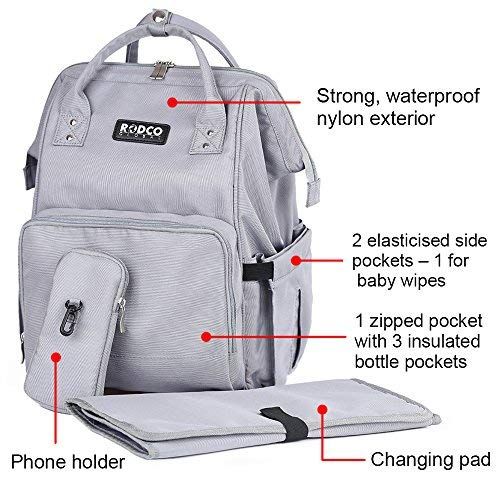  Baby Diaper Bag Backpack, Rodco Global Multi-Function, Durable, Waterproof Diaper Organizer Maternity Bag with Changing Pad, Stroller Straps for Mom and Dad, Grey