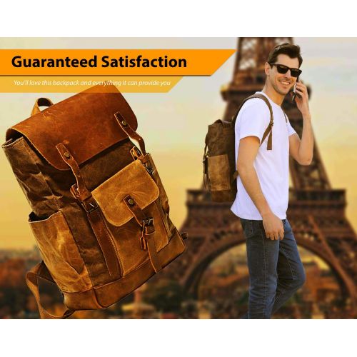  Roger William Vintage Canvas Waxed Leather Backpack w/Laptop Storage (Large) High School, College, Travel Bag | Canvas and Cotton Craftsmanship | All-Purpose Rucksack for Men, Women, Kids