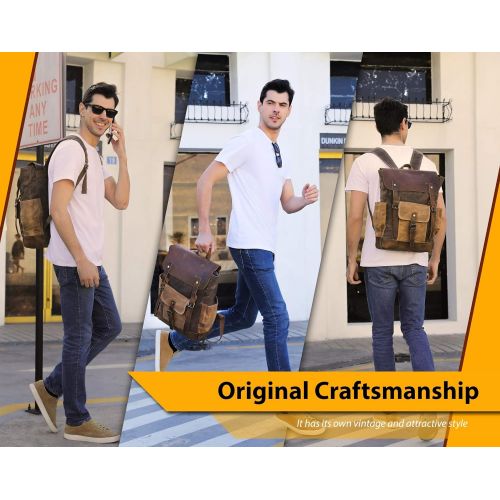  Roger William Vintage Canvas Waxed Leather Backpack w/Laptop Storage (Large) High School, College, Travel Bag | Canvas and Cotton Craftsmanship | All-Purpose Rucksack for Men, Women, Kids