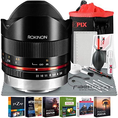  Rokinon 8mm f/2.8 High-Speed UMC IF Fisheye II Lens for Fujifilm X (Black) (RK8MBK28FX) + Xpix Small Neoprene Pouch Bag, Professional Photo Editing Software & Xpix Deluxe Cleaning