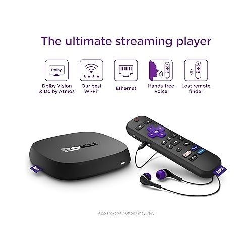  Roku Ultra | The Ultimate Streaming Device 4K/HDR/Dolby Vision/Atmos, Rechargeable Roku Voice Remote Pro, Ethernet Port, Hands-Free Controls, Lost Remote Finder, Free & Live TV