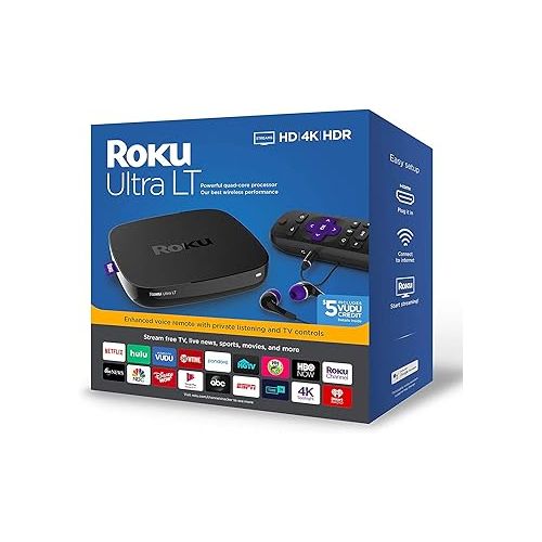  Roku Ultra LT 4K/HDR/HD Streaming Player with Enhanced Voice Remote, Ethernet, MicroSD with Premium 6FT 4K Ready HDMI Cable, Black