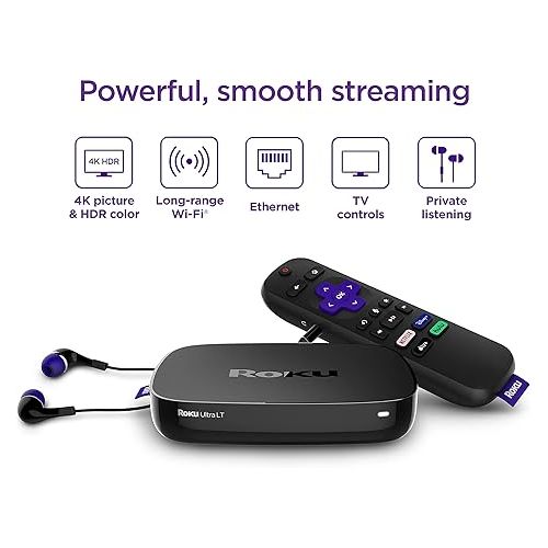  Roku Ultra LT 4K/HDR/HD Streaming Player with Enhanced Voice Remote, Ethernet, MicroSD with Premium 6FT 4K Ready HDMI Cable, Black