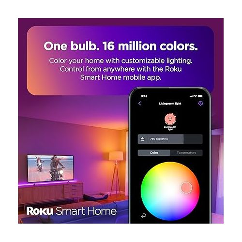  Roku Smart Light Bulbs (Color, 2-Pack) - Dimmable A19 Color Lightbulbs with Adjustable Brightness & Temperature - WiFi Smart Bulbs Works Voice, Alexa & Google Assistant - Smart Home Products