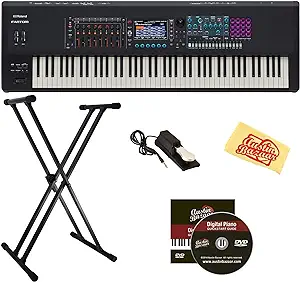 Roland Fantom-08 Synthesizer Keyboard - Bundle with Double Braced X-Style Keyboard Stand, Sustain Pedal, Instructional DVD, Online Piano Lessons, and Austin Bazaar Polishing Cloth