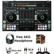 Roland PKG DJ-808 Four-channel, Two-Deck Serato DJ Controller  Package Bundle with 5x RCA Cable, 4x RCA-AUX Cable, 2x QTQ Cable, and Free Black Headphones & Mobile Bracket