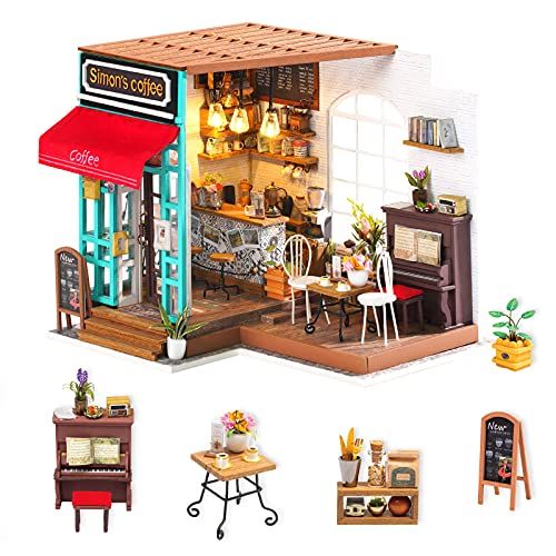  Rolife Dollhouse Wooden Mini House Crafts-DIY Model Kits with Furniture and Accessories- Handmade Construction Kit-Christmas Birthday Gifts for Boys Girls Women Friends (Simons Cof