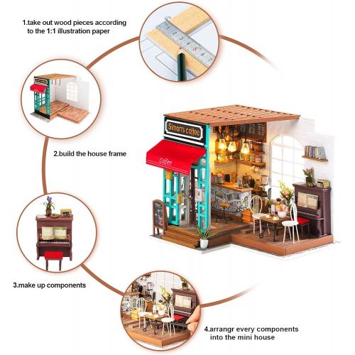  Rolife Dollhouse Wooden Mini House Crafts-DIY Model Kits with Furniture and Accessories- Handmade Construction Kit-Christmas Birthday Gifts for Boys Girls Women Friends (Simons Cof