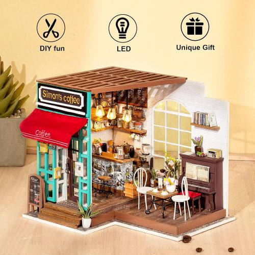  Rolife Dollhouse Wooden Mini House Crafts-DIY Model Kits with Furniture and Accessories- Handmade Construction Kit-Christmas Birthday Gifts for Boys Girls Women Friends (Simons Cof