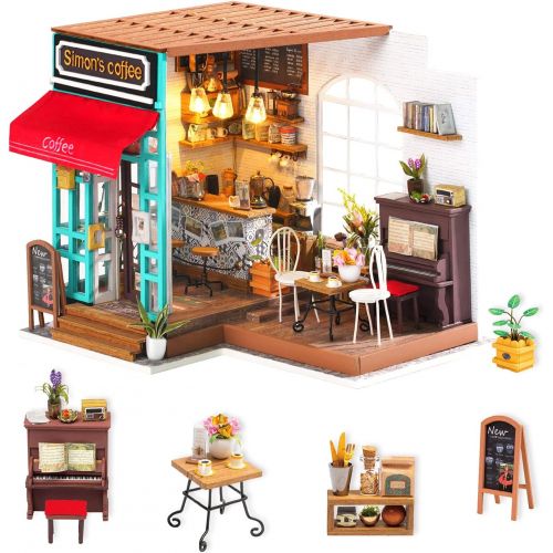  Rolife Dollhouse Wooden Mini House Crafts-DIY Model Kits with Furniture and Accessories- Handmade Construction Kit-Christmas Birthday Gifts for Boys Girls Women Friends (Simons Cof