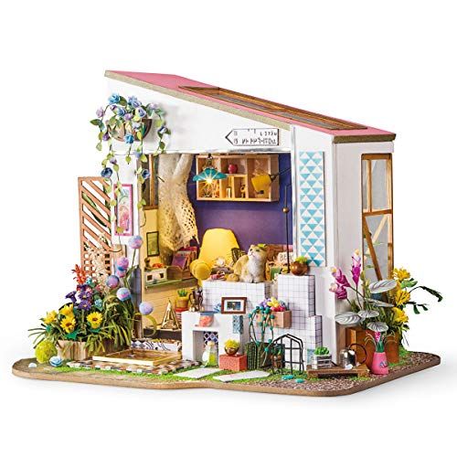  Rolife DIY Miniature Dollhouse Kit - 1/24 Scale Floral House with Cat Figurine, Gifts for Teens Grown-ups (Lilys Porch)