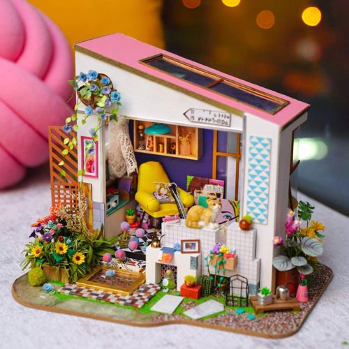  Rolife DIY Miniature Dollhouse Kit - 1/24 Scale Floral House with Cat Figurine, Gifts for Teens Grown-ups (Lilys Porch)