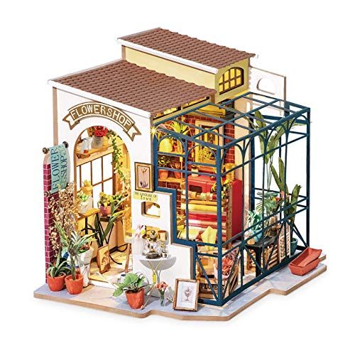  Rolife Miniature DIY Miniature Dollhouse with Furniture Set with LED,Tiny Building House Kit,Wooden Greenhouse Kits,Best Gift for Kids(Emilys Flower Shop)