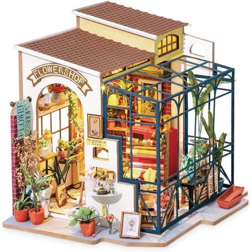  Rolife Miniature DIY Miniature Dollhouse with Furniture Set with LED,Tiny Building House Kit,Wooden Greenhouse Kits,Best Gift for Kids(Emilys Flower Shop)