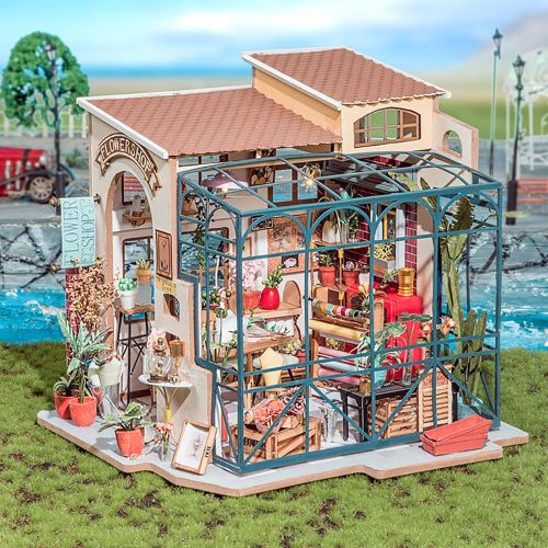  Rolife Miniature DIY Miniature Dollhouse with Furniture Set with LED,Tiny Building House Kit,Wooden Greenhouse Kits,Best Gift for Kids(Emilys Flower Shop)