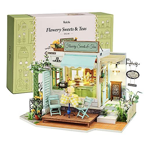  Rolife DIY Miniature House Kit-LED Tiny House Kit-1:24 Scale Dollhouse Kit as A Gift for Adults and Teens(Flowery Sweets & Teas)