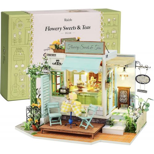  Rolife DIY Miniature House Kit-LED Tiny House Kit-1:24 Scale Dollhouse Kit as A Gift for Adults and Teens(Flowery Sweets & Teas)