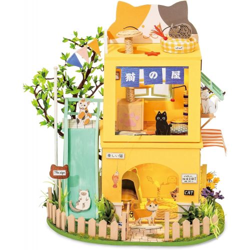  Rolife DIY Miniature Furniture Dollhouse Kit-LED 1:20 Wooden Cat House Set-Model Building Kit-Gift for Adults and Teens