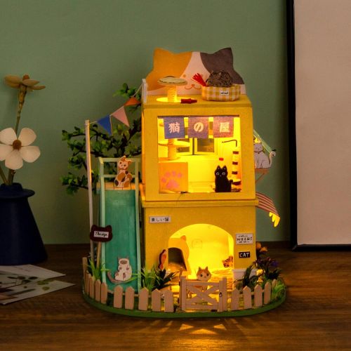  Rolife DIY Miniature Furniture Dollhouse Kit-LED 1:20 Wooden Cat House Set-Model Building Kit-Gift for Adults and Teens