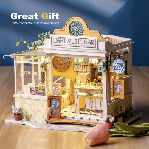  Rolife DIY Miniature Dollhouse Kit Miniature House Kit with Furniture and LED,Tiny Building House Kit,Best Gift for Kids(DG147 Light Music Bar)