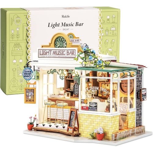  Rolife DIY Miniature Dollhouse Kit Miniature House Kit with Furniture and LED,Tiny Building House Kit,Best Gift for Kids(DG147 Light Music Bar)